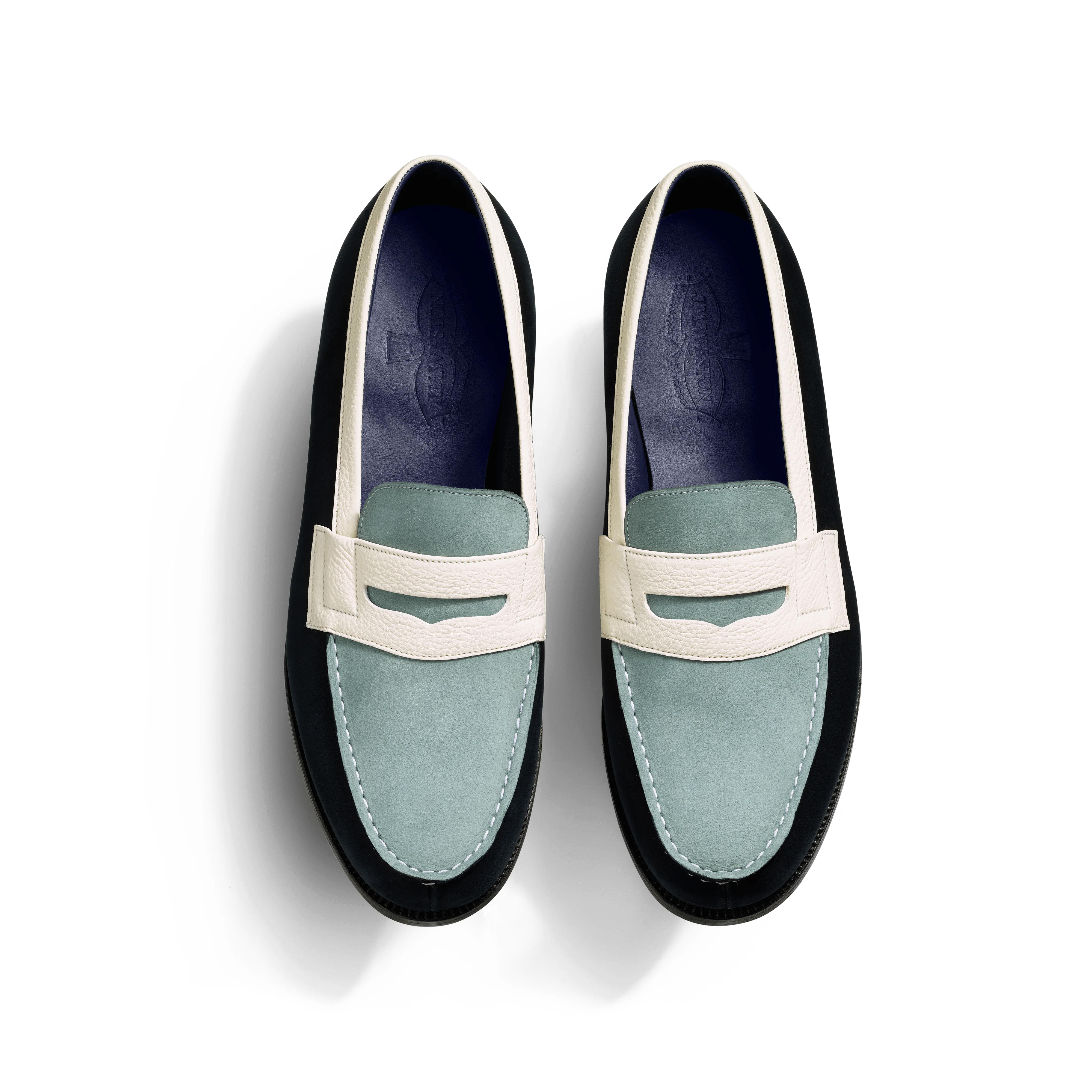 Mocassin 180 [upcycled homme nubuck bleu marine & nubuck bleu d'avant & cuir veau grainé panna] - Image 3