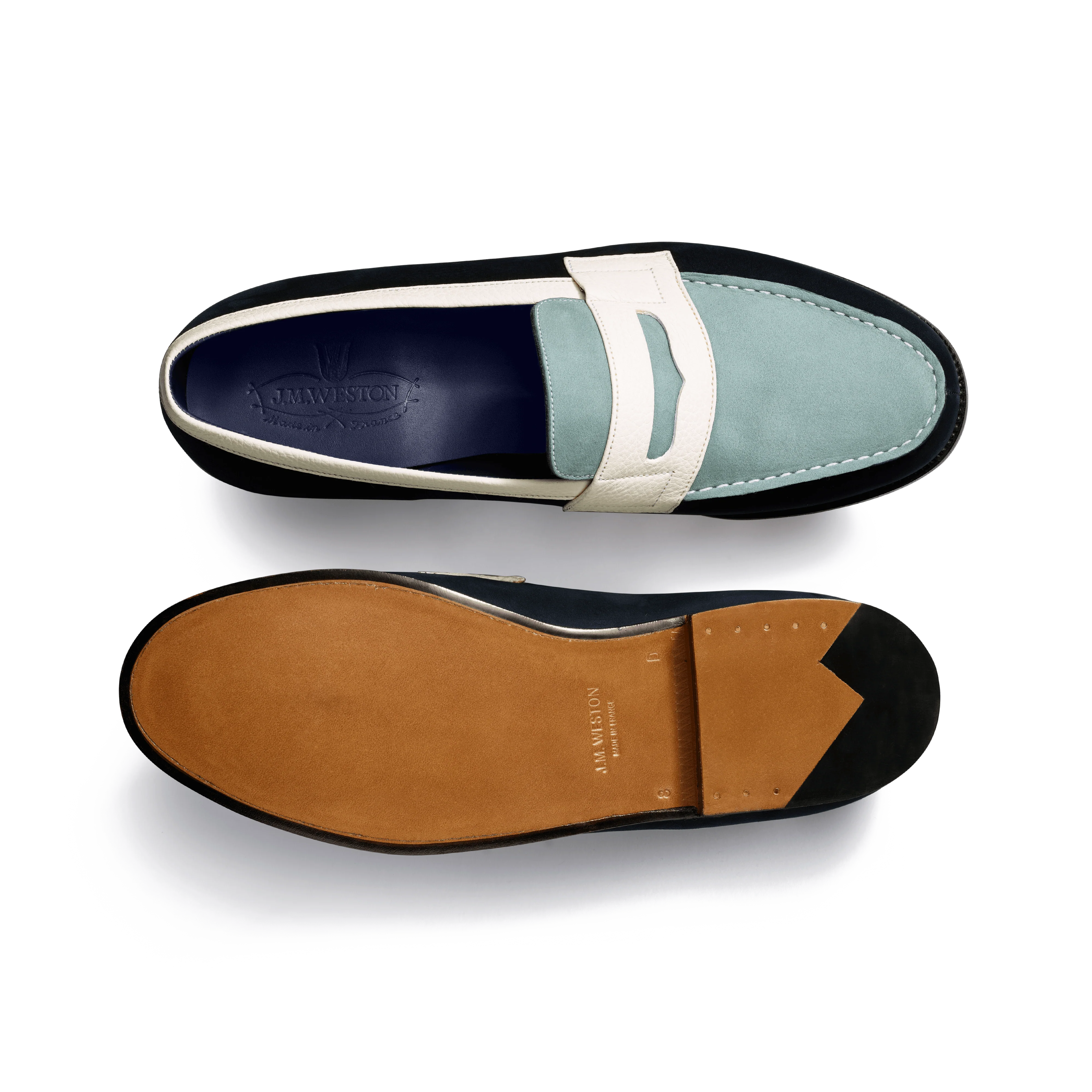 Mocassin 180 [upcycled homme nubuck bleu marine & nubuck bleu d'avant & cuir veau grainé panna] - Image 4